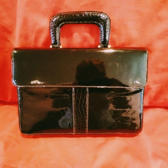 Black Faux Patent Leather Top Handle Vintage Briefcase Style Bag - Picture 9 of 11